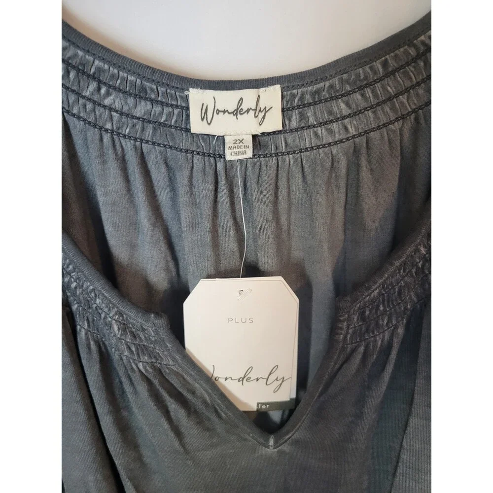 Wonderly Women's Plus 2X Tiered Smocked V-Neck Dress Charcoal Grey Long Sleeve - Picture 2 of 3